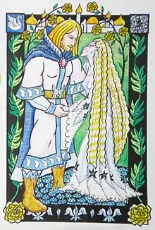 À gauche un homme blond vêtu d'une tunique blanche bordée de bleu prend la main d'une Elfe blonde aux longs cheveux à droite