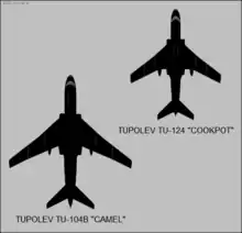 silhouette de ces deux avions, vu du dessus. Ils sont très semblables, mais le tu-124 est plus petit d'environ 25%, sur toutes les dimensions.
