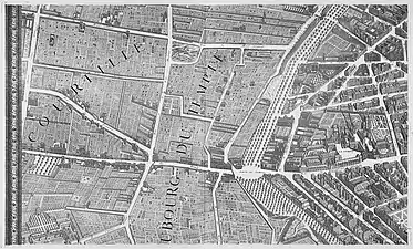 Le carrefour dit Porte du Templesur le plan de Turgot établi en 1734-1739.