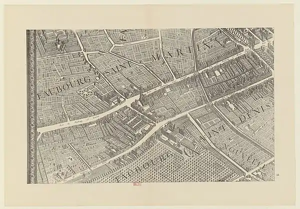 Détail du quartier du Faubourg Saint Martin. Paris au XVIIIe siècle. Plan de Paris : en 20 planches : fac-similé ([Reprod. en fac-sim.]) / dessiné et gravé sous les ordres de Michel-Etienne Turgot.