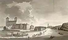 Le tableau montre une vue de Turku en 1801, et plus particulièrement du château et d'une église. Une certaine animation (calèches, gens à pied, etc.) règne devant le château.