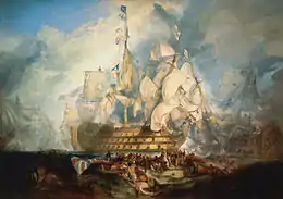« The Battle of Trafalgar, 21 October 1805 » par Joseph Mallord William Turner : le HMS Victory, navire amiral de Horatio Nelson. Le Union Flag tombé au premier plan fait allusion à la mort de Nelson.