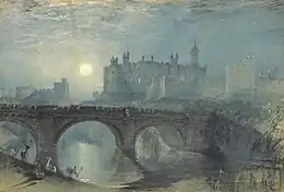Peinture dans les tons bleus. Dans la brume, le soleil perce et éclaire pont, rivière et château.
