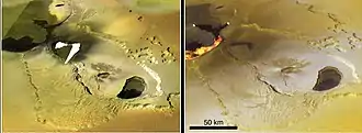 Deux images sont accolées. À gauche, le volcan n'est pas actif tandis qu'à droite du magma orange s'en échappe.