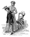 Crayon, femme coiffant un garçon à l'air contraint. Sur une chaise, canotier, parapluie, la panoplie du jeune élégant.