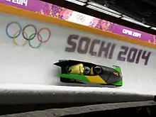 Vue d'un bobsleigh à deux dans une descente, la piste étant décorée des anneaux olympiques et du texte : Sotchi 2014.