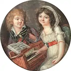 Deux enfants jouant de la musique, vers 1790-1798, miniature, gouache sur ivoire, diamètre 7,4 cm (localisation inconnue)