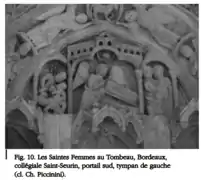 Il s'agit de l'épisode des Femmes au Tombeau, qui est une iconographie habituellement remplacée par une scène de la vie de la Vierge