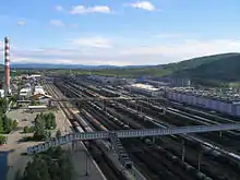 la photo montre une grande succession de voies ferrées vues depuis un point haut et traversée par une passerelle.