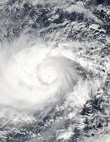 Photo satellite montrant une spirale de nuages blancs sur l'océan bleu.