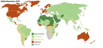 Carte des pays ayant participé au vote de la résolution 3379.