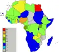 Membres du groupe africain colorés selon le temps qu'ils avaient passé au Conseil de sécurité à la date de 2010.
