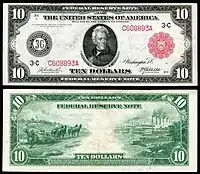 Avers et revers d'un billet de 10 dollars américains, type 1914, sceau rouge