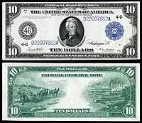 Avers et revers d'un billet de 10 dollars américains, type 1914, sceau bleu