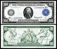 Avers et revers d'un billet de 100 dollars américains, type 1914, sceau bleu