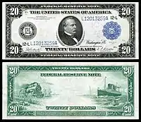 Avers et revers d'un billet de 20 dollars américains, type 1914, sceau bleu