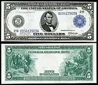 Avers et revers d'un billet de 5 dollars américains, type 1914, sceau bleu