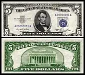 Avers et revers d'un certificat, type billet de banque. Abraham Lincoln sur l'avers, le mémorial Lincoln au revers.