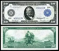 Avers et revers d'un billet de 50 dollars américains, type 1914, sceau bleu