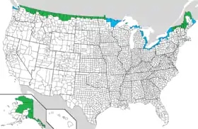 Coloration des comtés des États-Unis frontaliers en vert (frontière terrestre) et bleu (frontière aquatique)