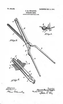 Illustration du brevet de 1905 du fer à onduler par Marcel GrateauMarcel Grateau (surnommé François Marcel ou Marcel Curl), inventeur de la technique dans les années 1870