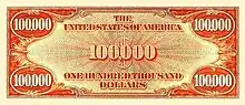 Revers d'un billet de 100000 dollars américains, type 1934