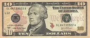 Billet de banque américain de 2004 à l'effigie d'Alexander Hamilton, basé sur un portrait de 1805 par John Trumbull.