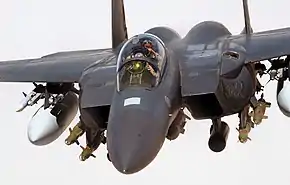McDonnell Douglas F-15E Strike Eagle avec armes et réservoirs largables sous les ailes, et réservoirs conformes sous les emplantures.