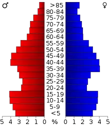 Schéma représentant la population du comté, par tranche d'âge. En rouge, à gauche, les femmes, en bleu à droite, les hommes.