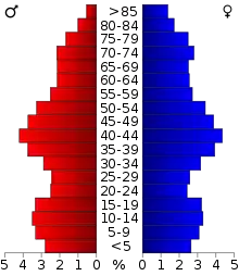 Schéma représentant la population du comté, par tranche d'âge. En rouge, à gauche, les femmes, en bleu à droite, les hommes.