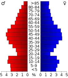 Schéma représentant la population du comté, par tranche d'âge. En rouge, à gauche, les femmes, en bleu à droite, les hommes.