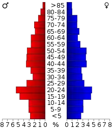 Schéma représentant la population du comté, par tranche d'âge. En rouge, à gauche, les femmes, en bleu à droite, les hommes.