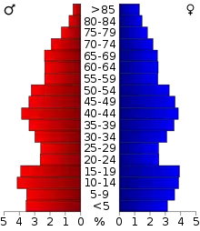 Schéma représentant la population du comté, par tranche d'âge. En rouge, à gauche, les femmes, en bleu à droite, les hommes.