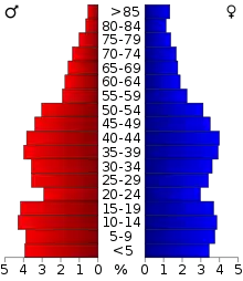 Schéma représentant la population du comté, par tranche d'âge. En rouge, à gauche, les femmes, en bleu à droite, les hommes.