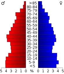 Schéma représentant la population du comté, par tranche d'âge. En rouge, à gauche, les femmes, en bleu à droite, les hommes.