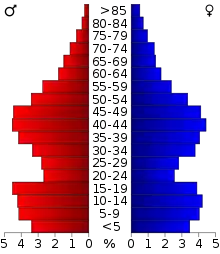 Schéma représentant la population du comté, par tranche d'âge. En rouge, à gauche, les femmes, en bleu à droite, les hommes.