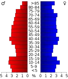 Schéma représentant la population du comté, par tranche d'âge. En rouge, à gauche, les femmes, en bleu à droite, les hommes.