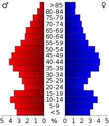 Schéma représentant la population du comté, par tranche d'âge. En rouge, à gauche, les femmes, en bleu à droite, les hommes.