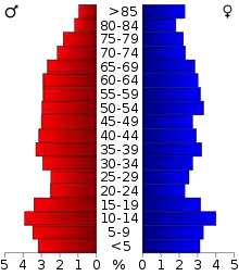 Schéma représentant la population du comté, par tranche d'âge. En rouge, à gauche, les femmes, en bleu à droite, les hommes.