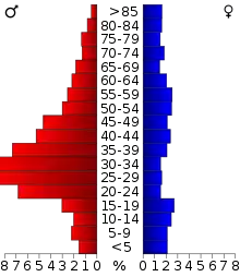 Schéma représentant la population du comté, par tranche d'âge. En rouge, à gauche, les femmes, en bleu à droite, les hommes.