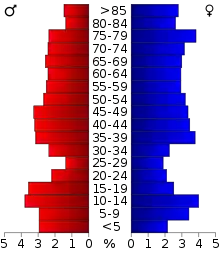 Schéma représentant la population du comté, par tranche d'âge. En rouge, à gauche, les femmes, en bleu à droite, les hommes.