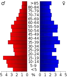 Schéma représentant la population du comté, par tranche d'âge. En rouge, à gauche, les femmes, en bleu à droite, les hommes.