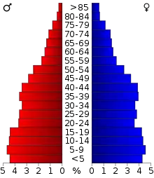 Schéma représentant la population du comté, par tranche d'âge. En rouge, à gauche, les femmes, en bleu à droite, les hommes.