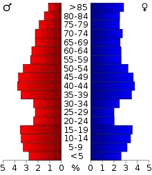 Schéma représentant la population du comté, par tranche d'âge. En rouge, à gauche, les femmes, en bleu à droite, les hommes.