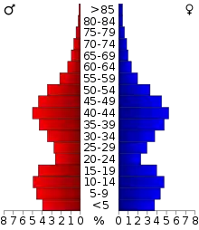 Schéma représentant la population du comté, par tranche d'âge. En rouge, à gauche, les femmes, en bleu à droite, les hommes.