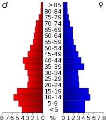 Schéma représentant la population du comté, par tranche d'âge. En rouge, à gauche, les femmes, en bleu à droite, les hommes.