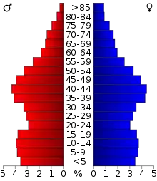 Schéma représentant la population du comté, par tranche d'âge. En rouge, à gauche, les femmes, en bleu à droite, les hommes.