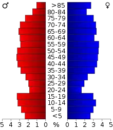 Schéma représentant la population du comté, par tranche d'âge. En rouge, à gauche, les femmes, en bleu à droite, les hommes.