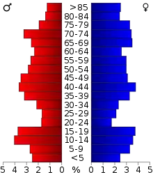 Schéma représentant la population du comté, par tranche d'âge. En rouge, à gauche, les femmes, en bleu à droite, les hommes.