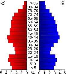 Schéma représentant la population du comté, par tranche d'âge. En rouge, à gauche, les femmes, en bleu à droite, les hommes.